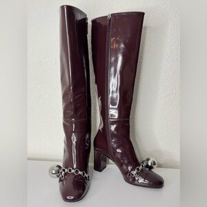 Longchamp Fall/Winter 2020 Runway Knee High Boots. Ball Chain. Cordovan Sz 39